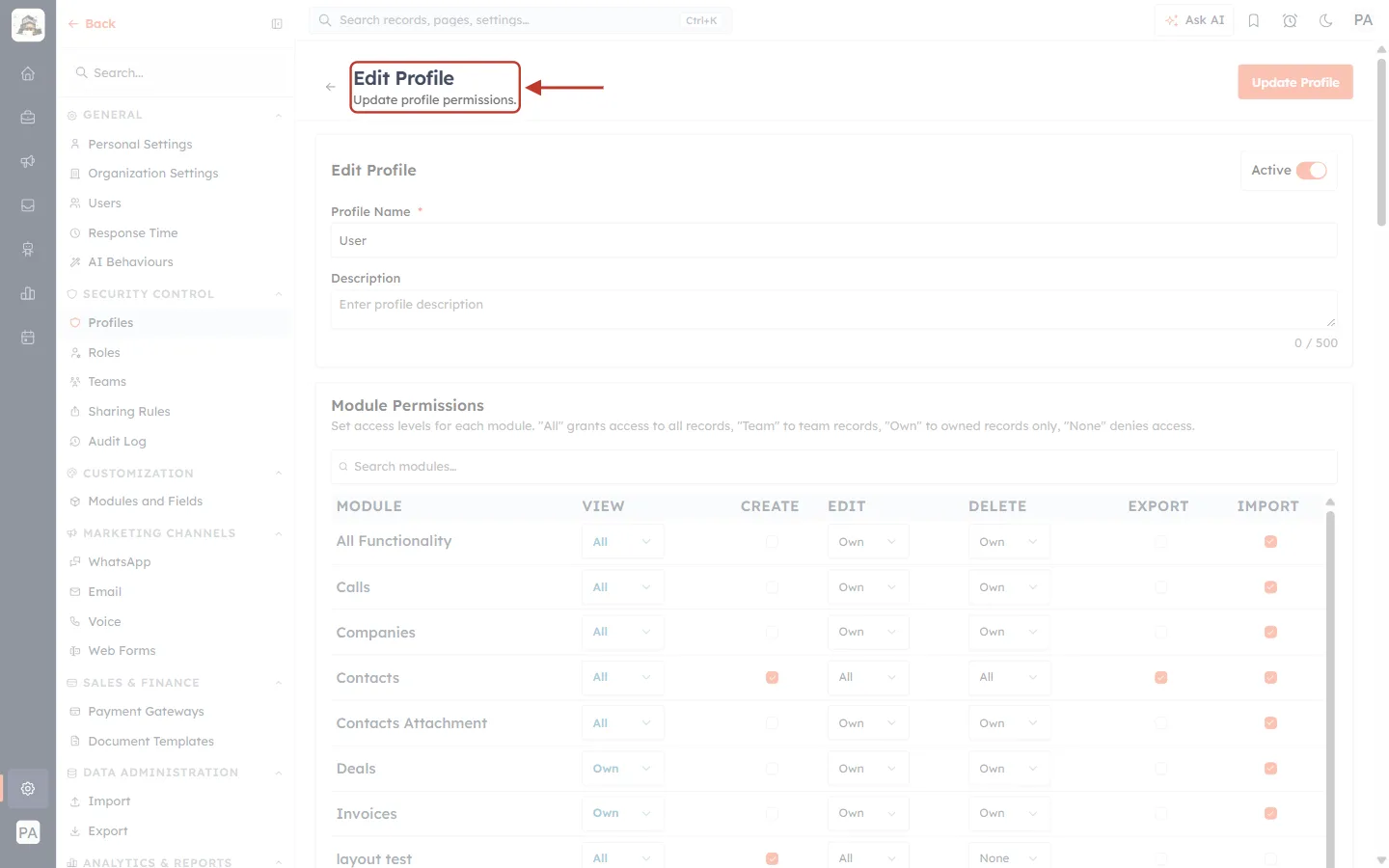 The Edit Profile page