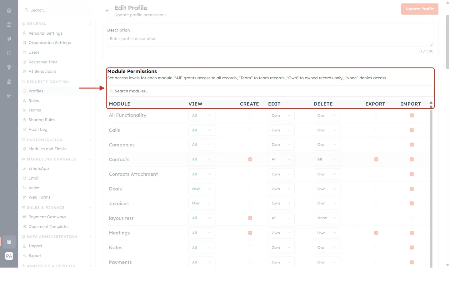 Module Permissions heading and columns