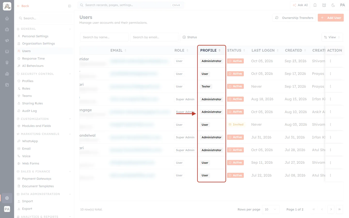 The Profile column on the Users page