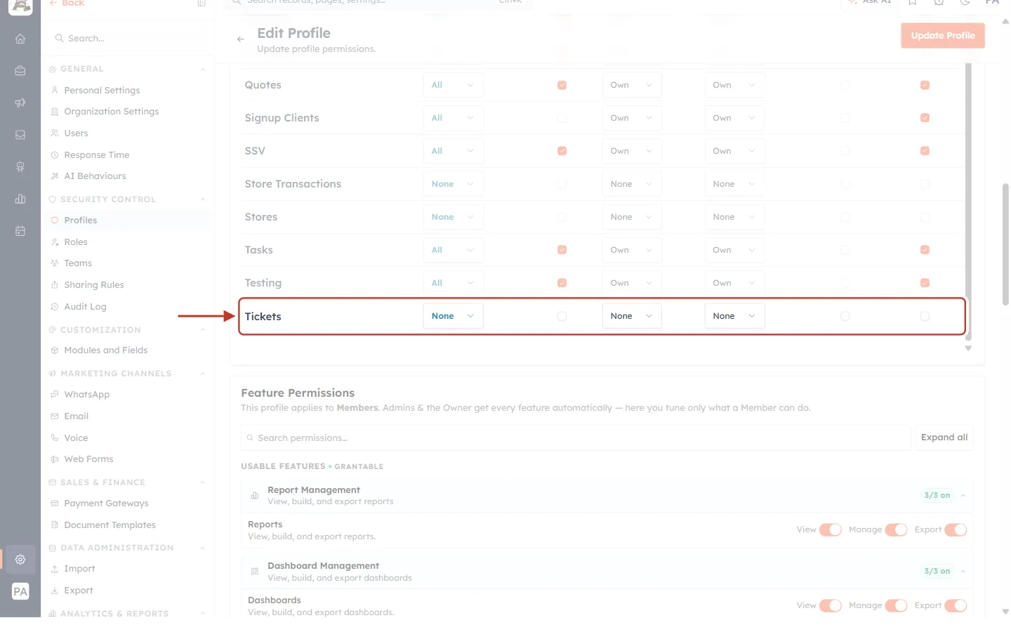 The Tickets row of the User profile