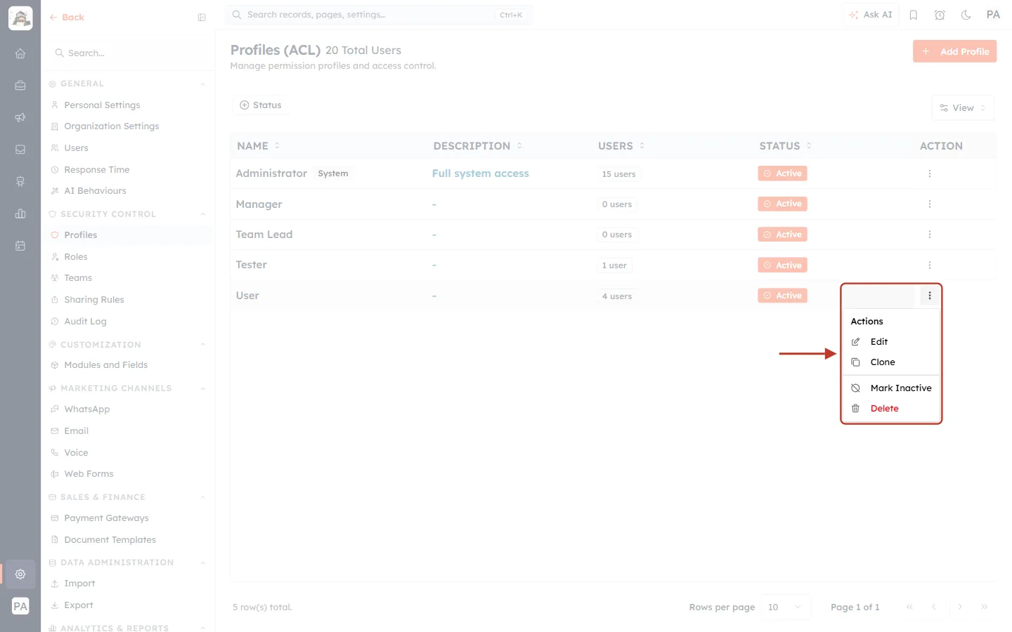 The profile actions menu