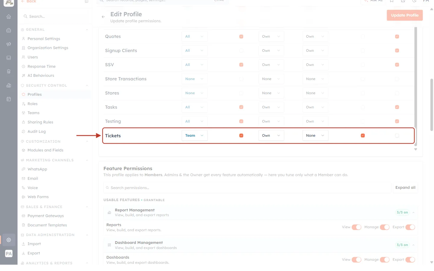 Tickets row with Team view, Create, Own edit and Export