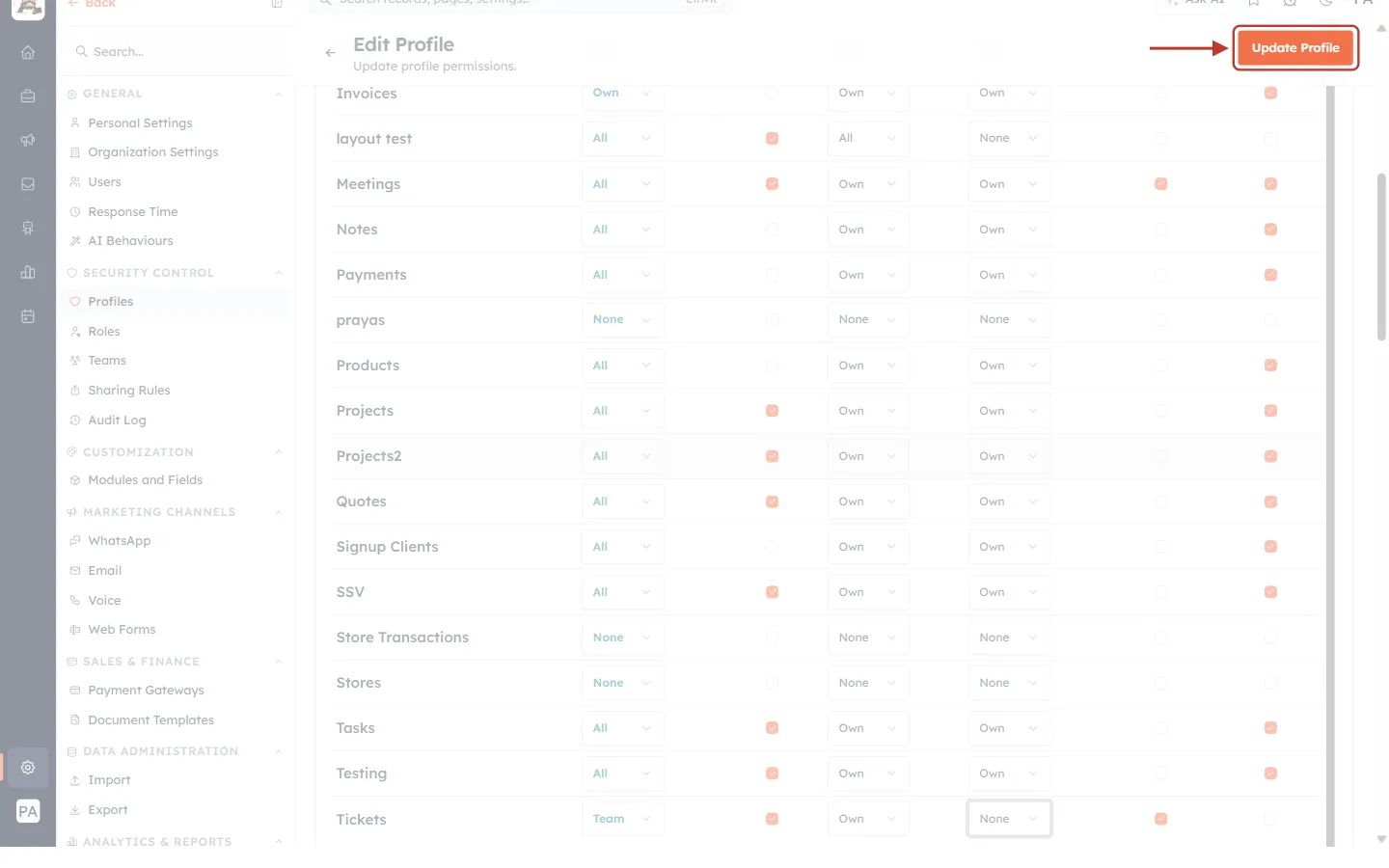 The Update Profile button