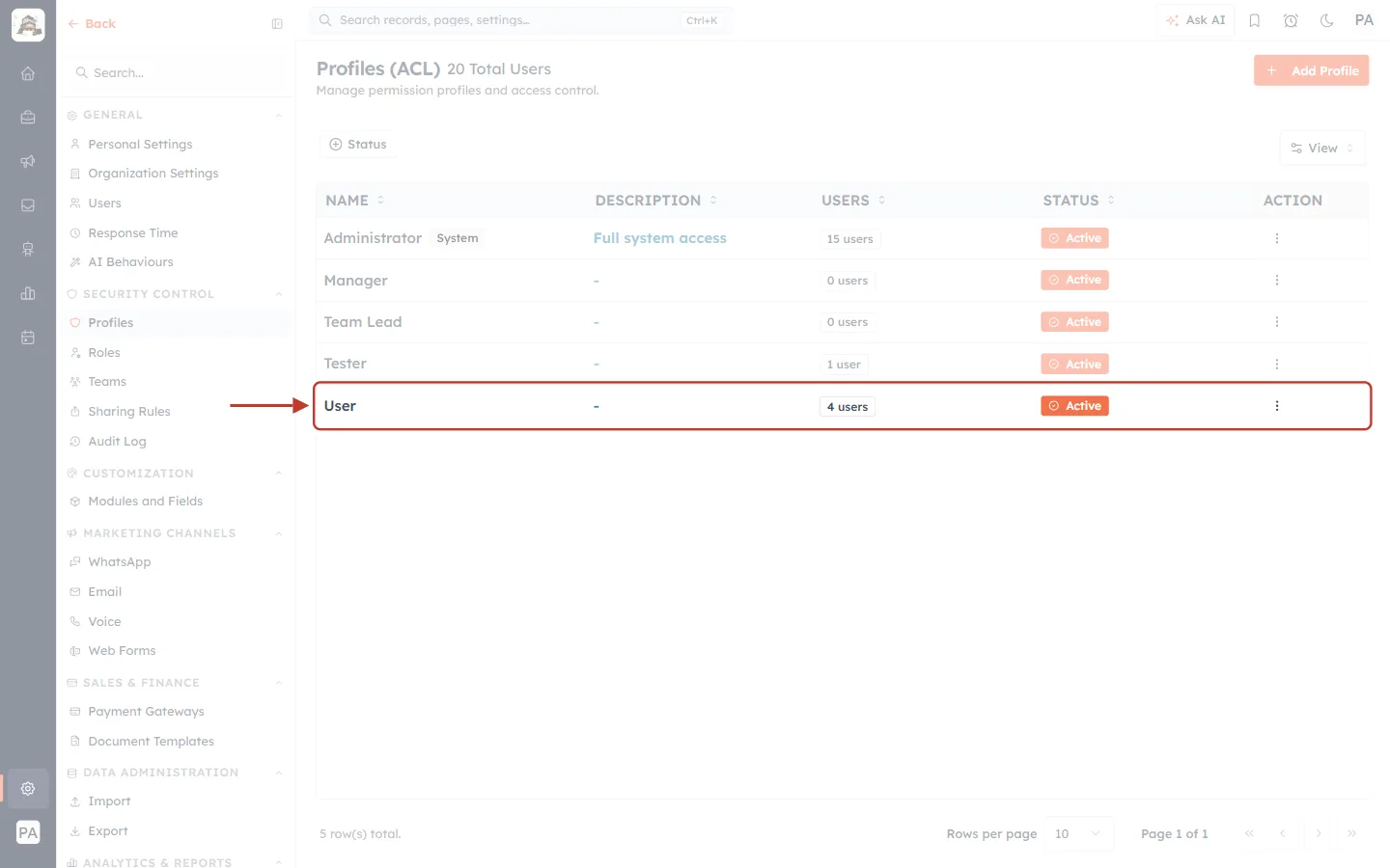 The User profile row