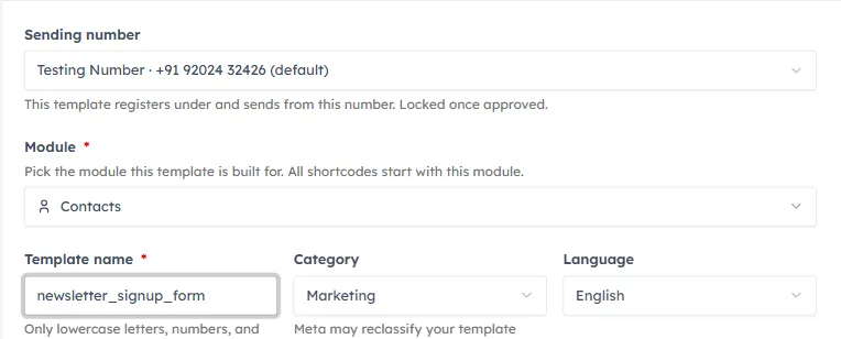 The top of the template builder: sending number, module, template name, category and language