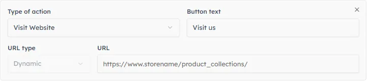 A newly added button card defaulting to Visit Website with URL type and URL fields