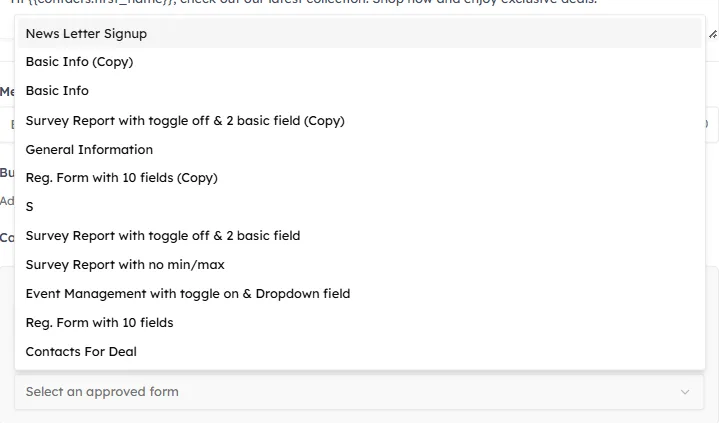 The Form selector open, listing the approved WhatsApp Forms available to attach