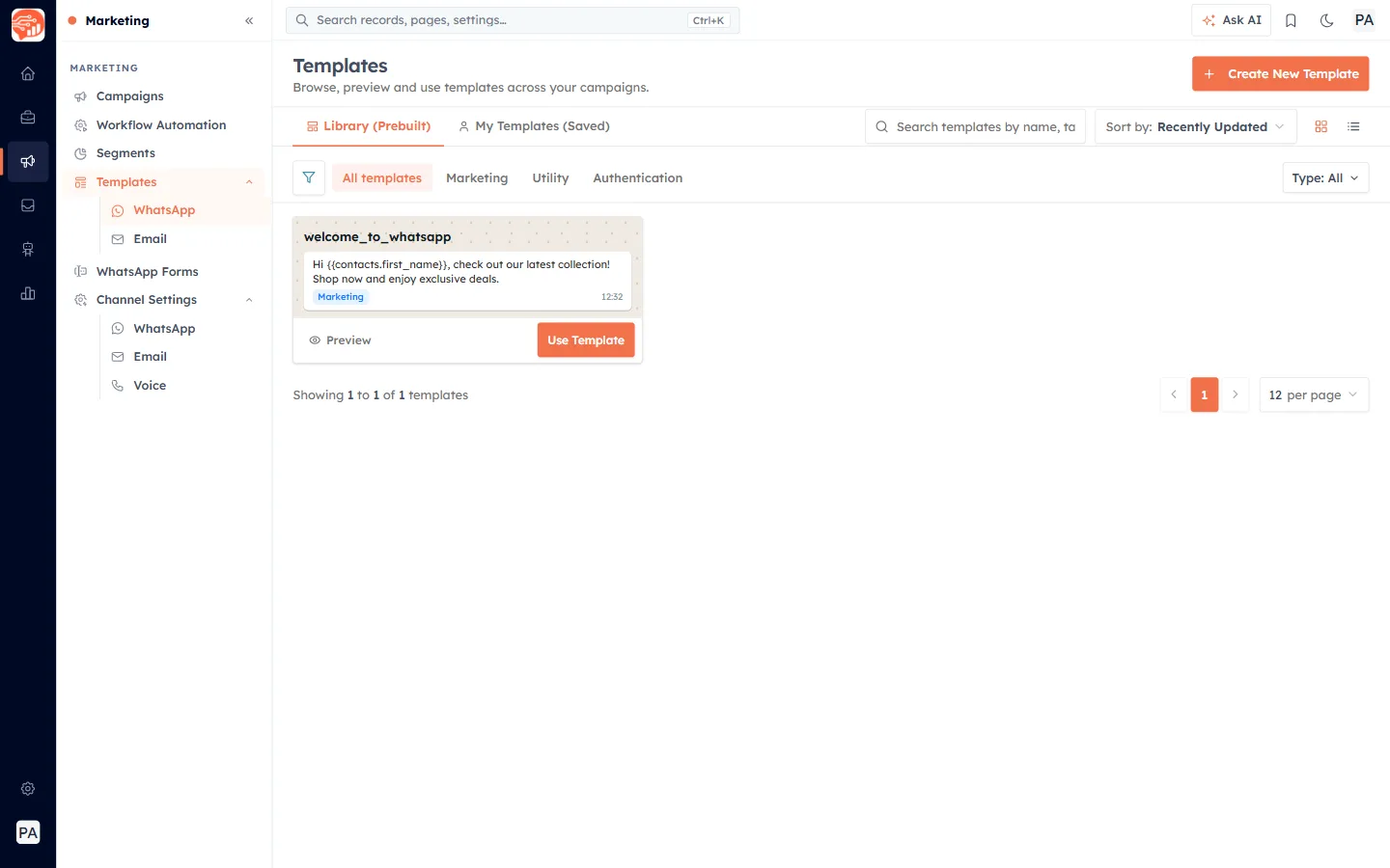 The Templates page with the Create New Template button in the top right