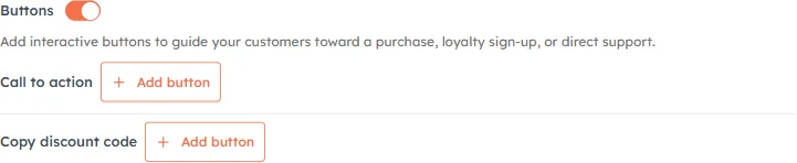 The Buttons section switched on, showing the Call to action and Copy discount code rows