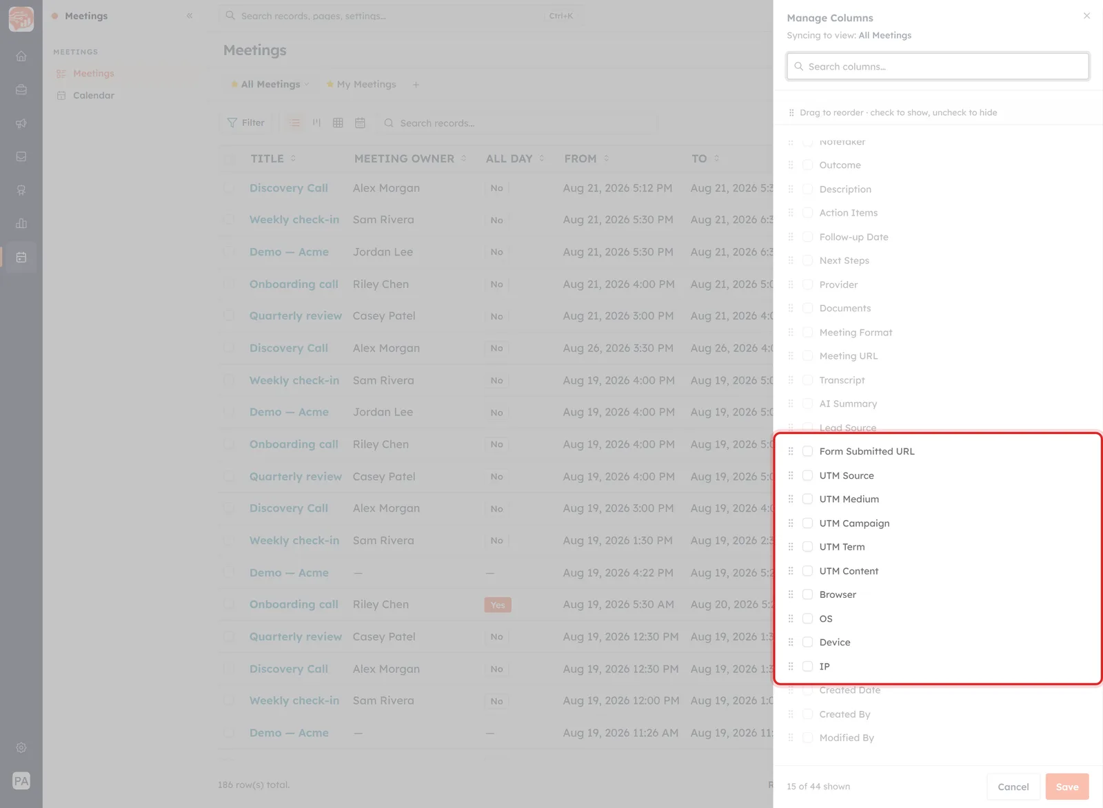 The Manage Columns panel scrolled to the tracking fields