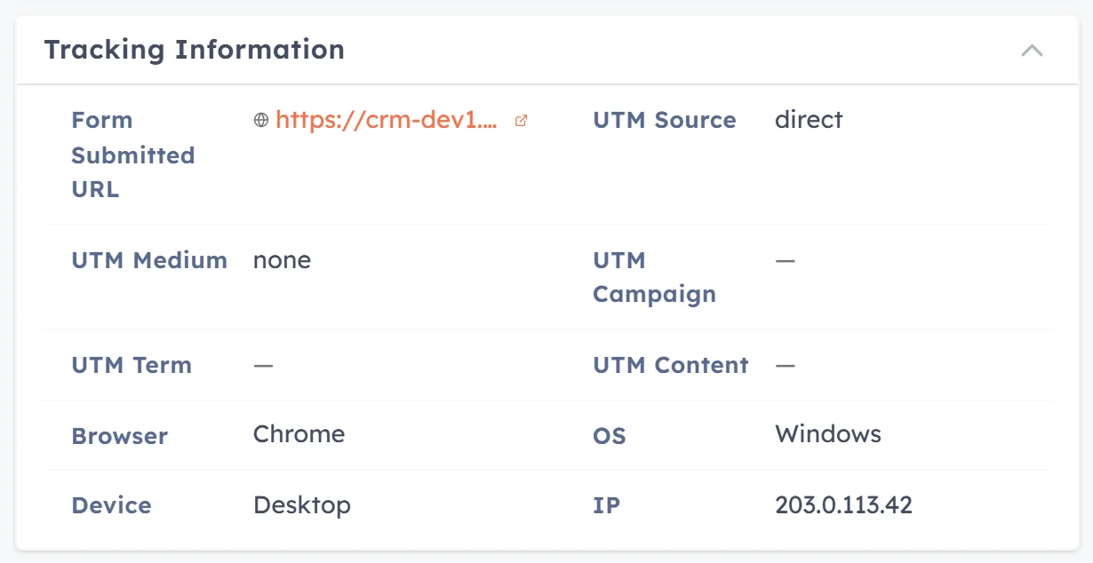 The Tracking Information block, showing the form URL, UTM values and the browser, OS, device and IP