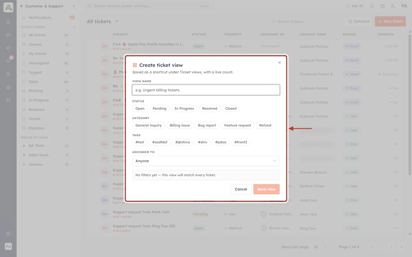 The Create ticket view form