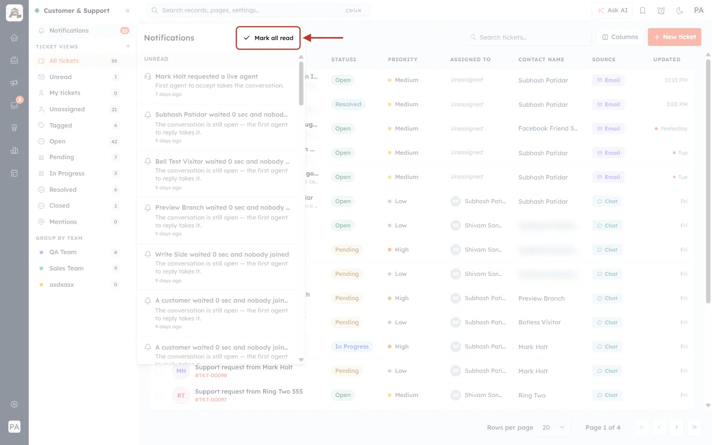 Mark all read in the notifications panel