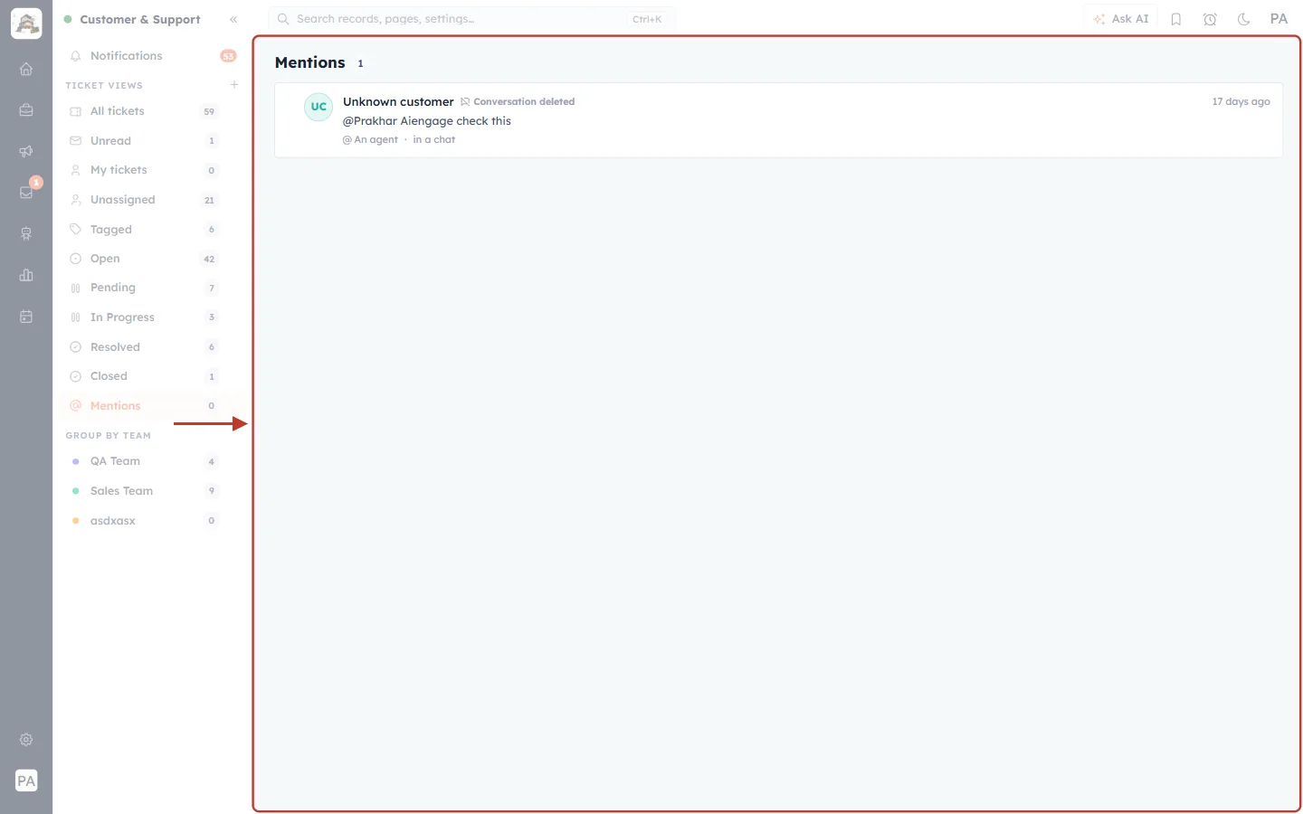 The Mentions view