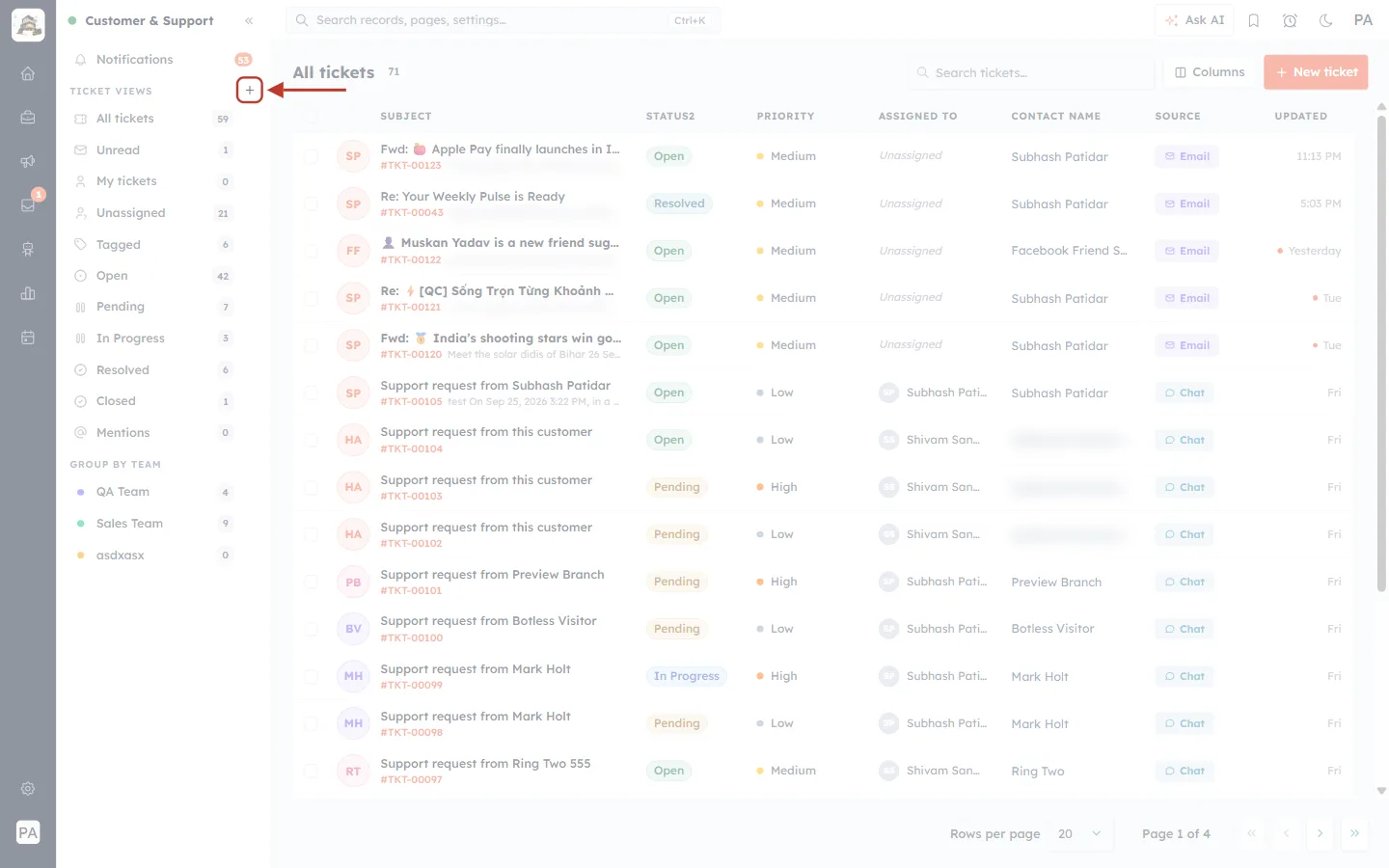 The + button to create a ticket view