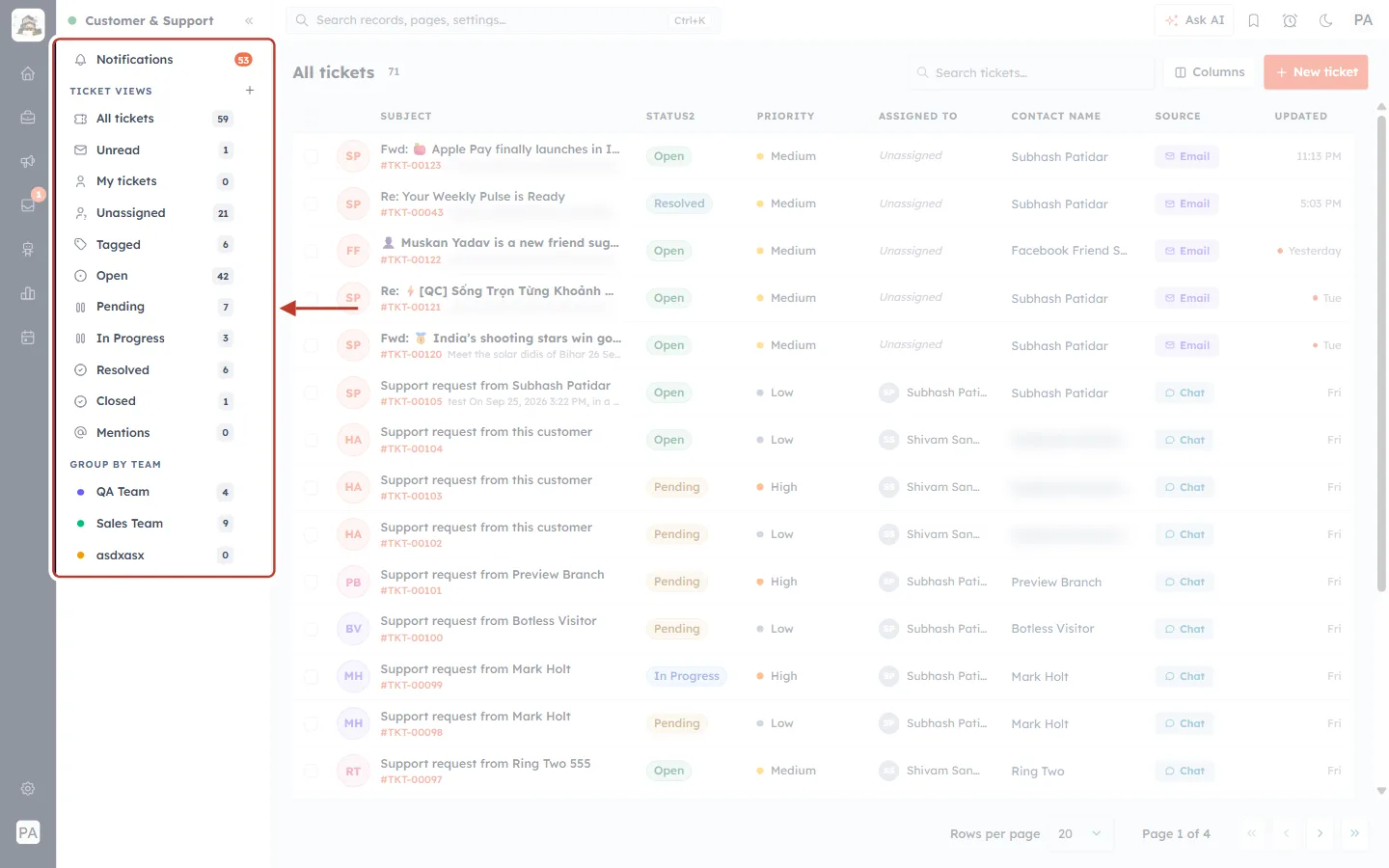The Customer & Support sidebar
