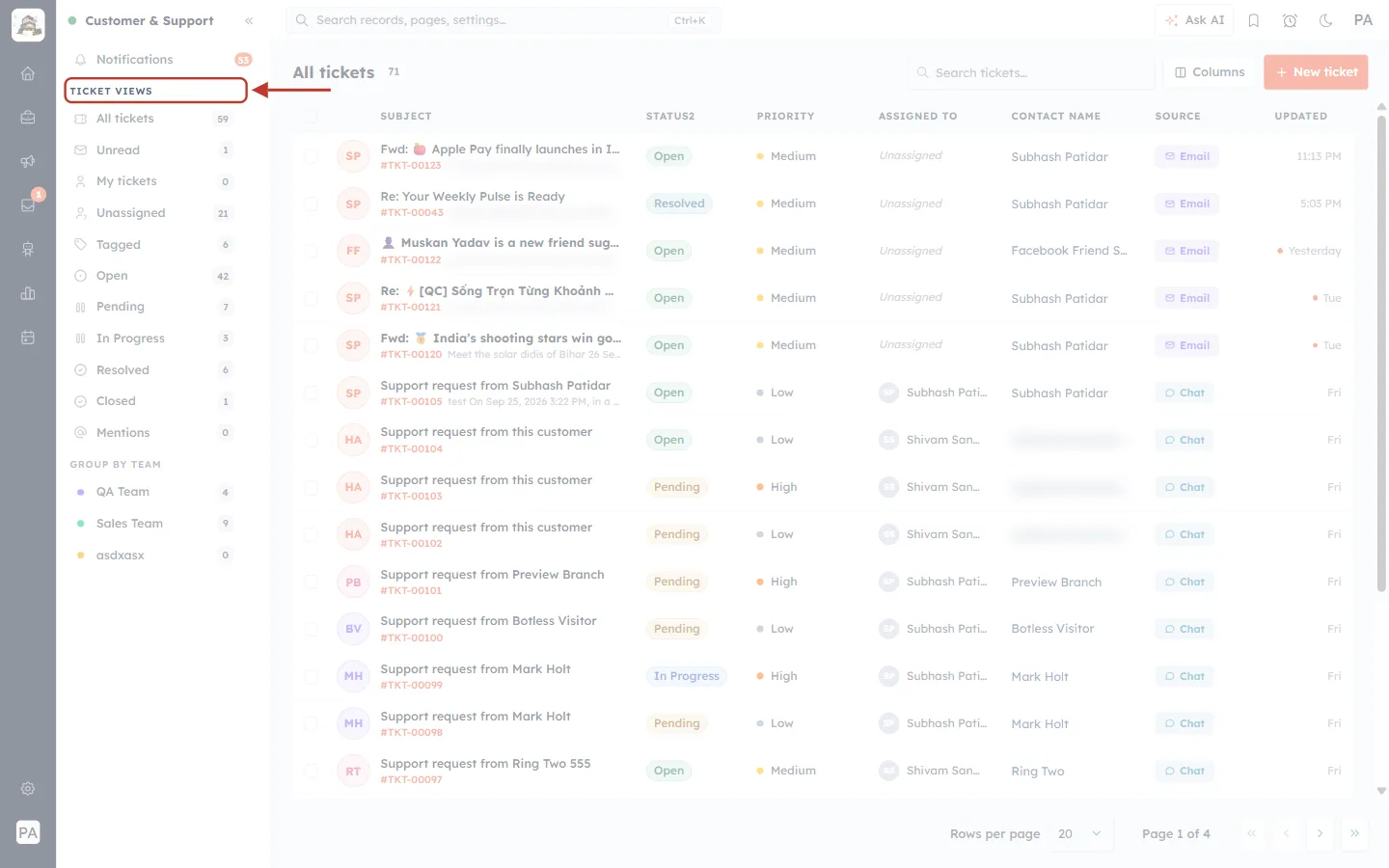The Ticket views heading with its + button