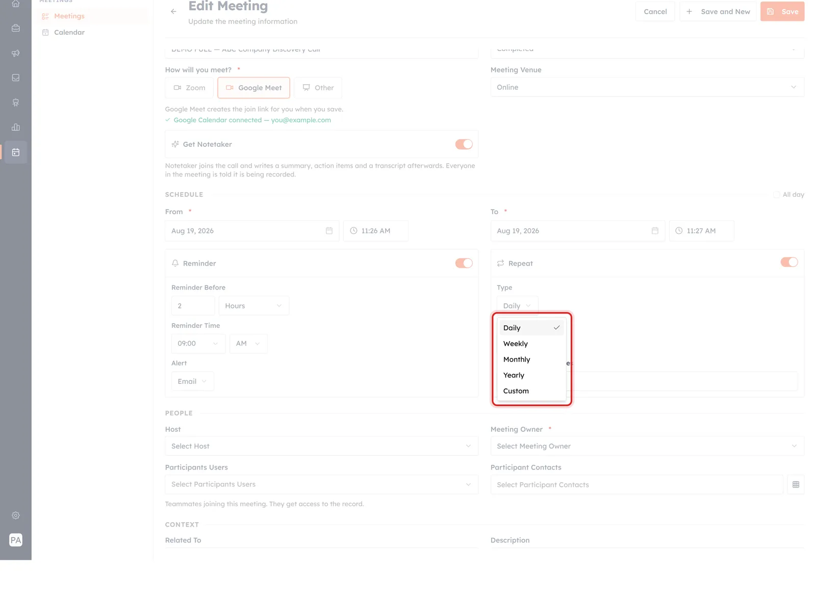 The recurrence Type list open, showing Daily through Custom