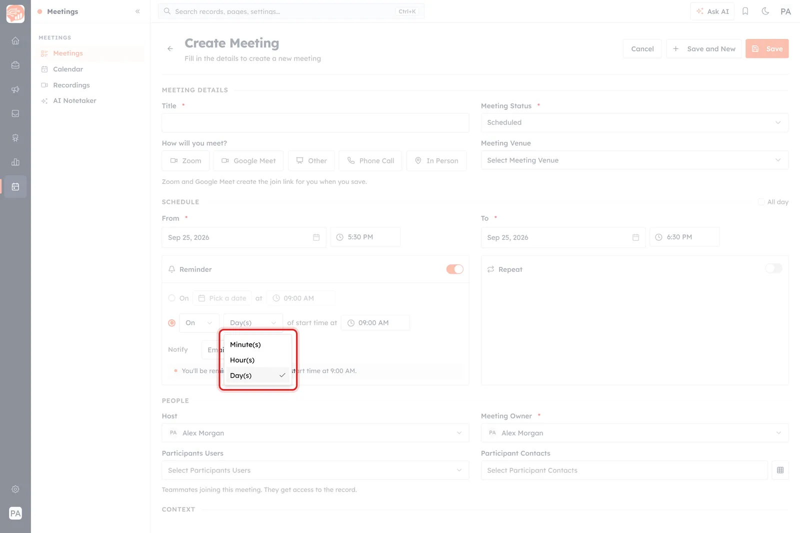 The unit dropdown on a meeting, showing Minute(s), Hour(s) and Day(s)