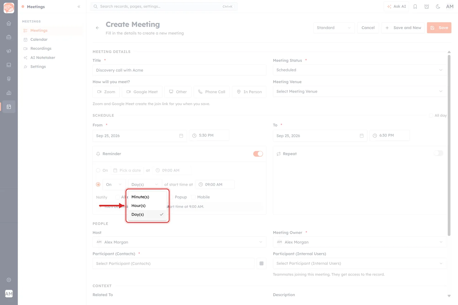 The unit dropdown on a meeting, showing Minute(s), Hour(s) and Day(s)
