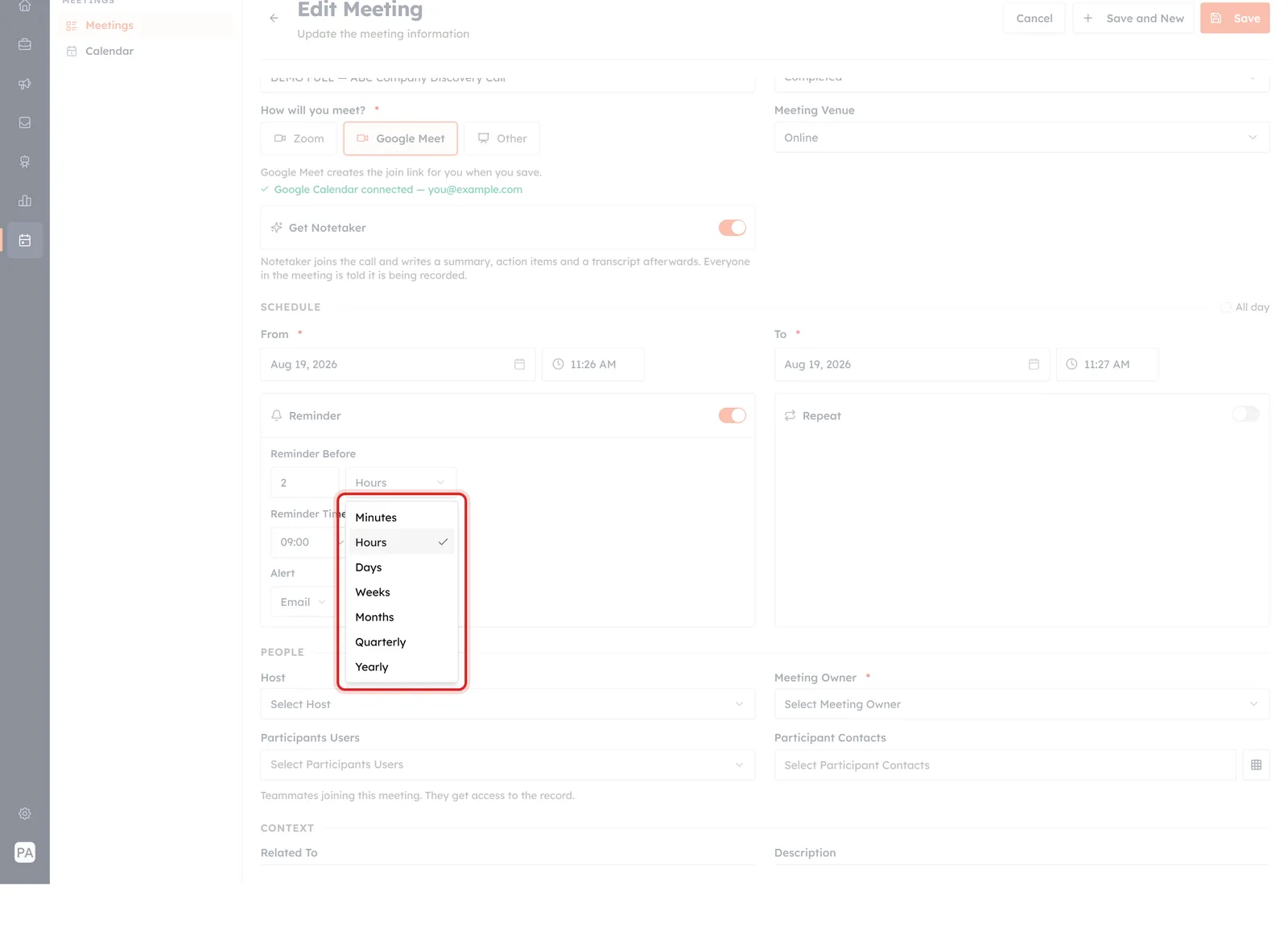 The Reminder Before unit list open, showing Minutes through Yearly