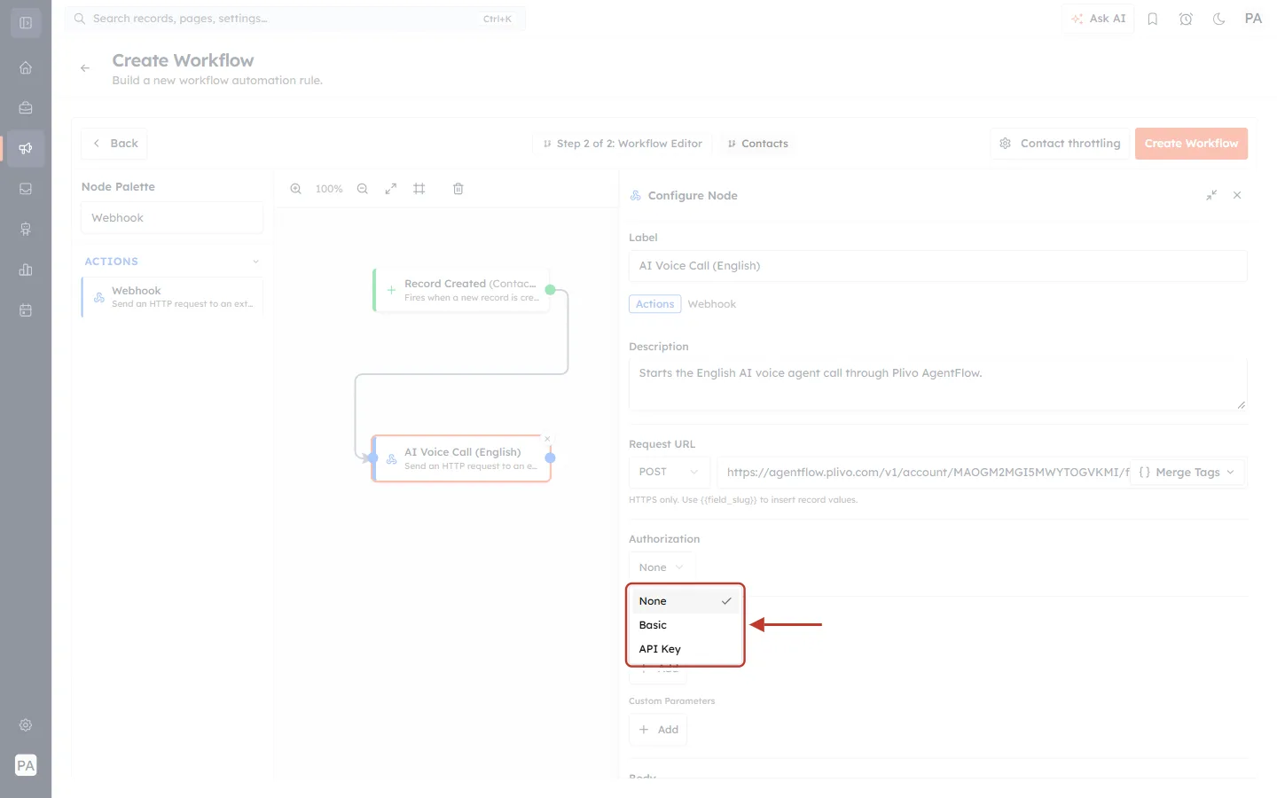 The Authorization options: None, Basic, API Key