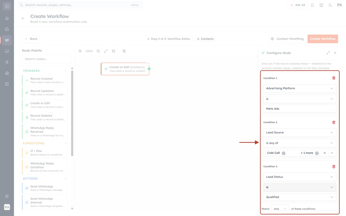 Three entry conditions with Match any