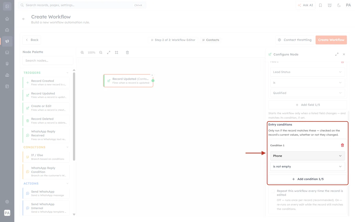 Entry conditions for the AI-qualified rule: Phone is not empty