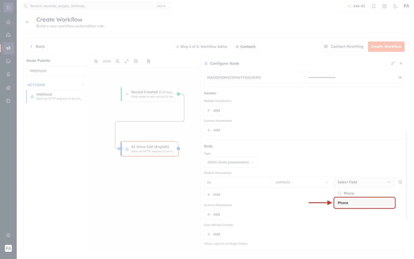 Choosing the Phone field for a body parameter