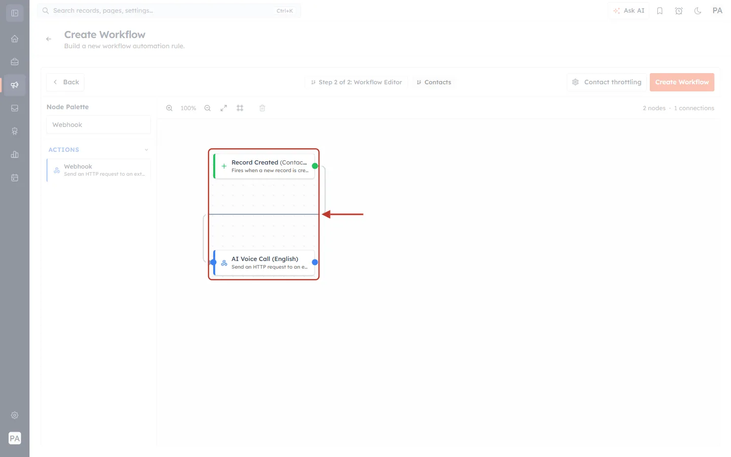 The finished workflow: Record Created to AI Voice Call (English)