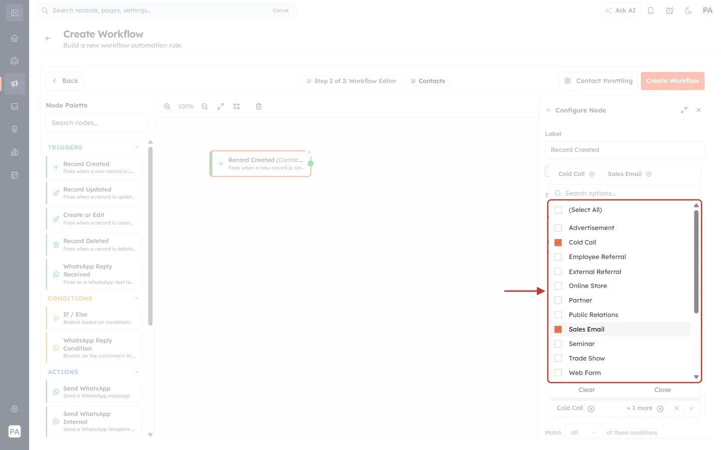 The Lead Source value list with Cold Call and Sales Email ticked