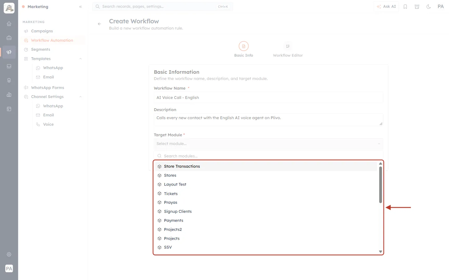 The Target Module list open on the Create Workflow page