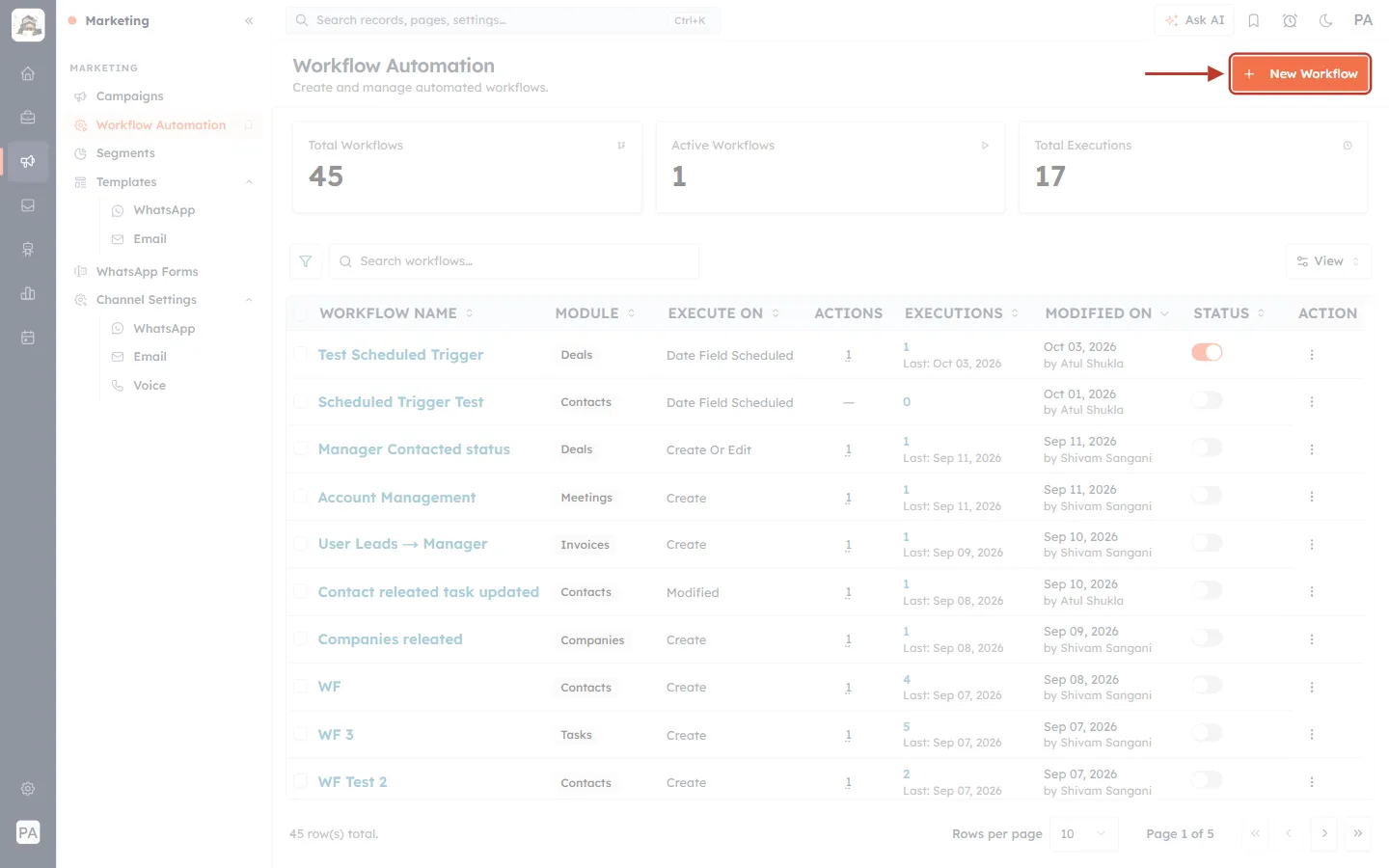 The New Workflow button on the Workflow Automation page