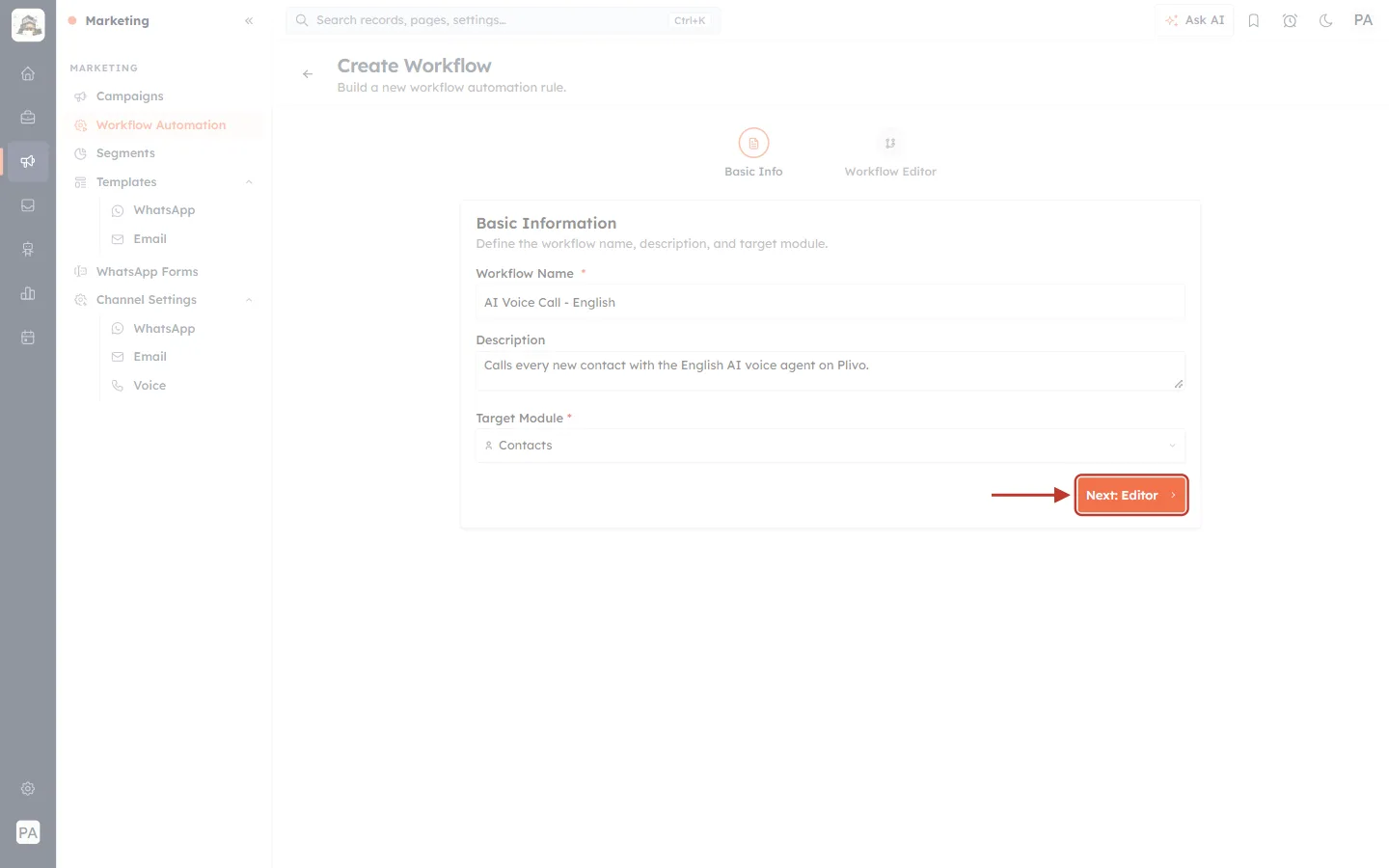 The Next: Editor button