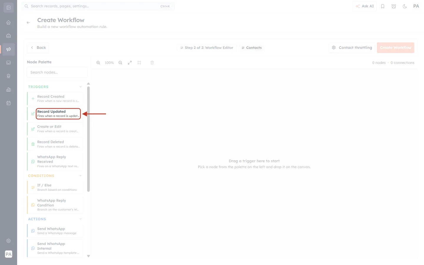 The Record Updated trigger in the Node Palette