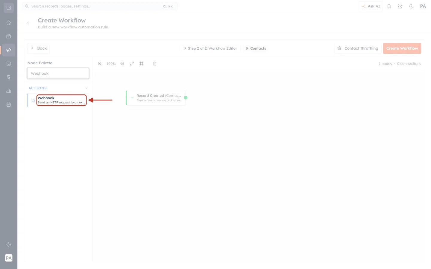 The Webhook action found by searching the Node Palette