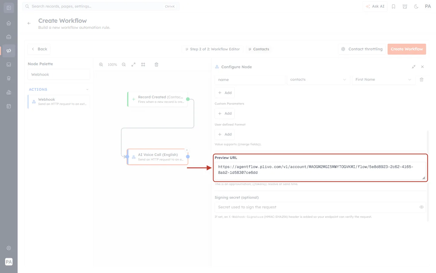 The Preview URL showing the Plivo flow address