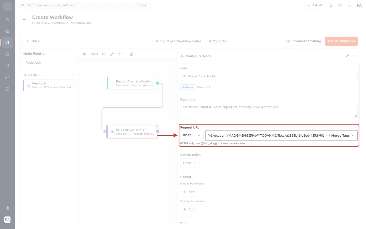 The Hindi Plivo flow URL pasted into Request URL