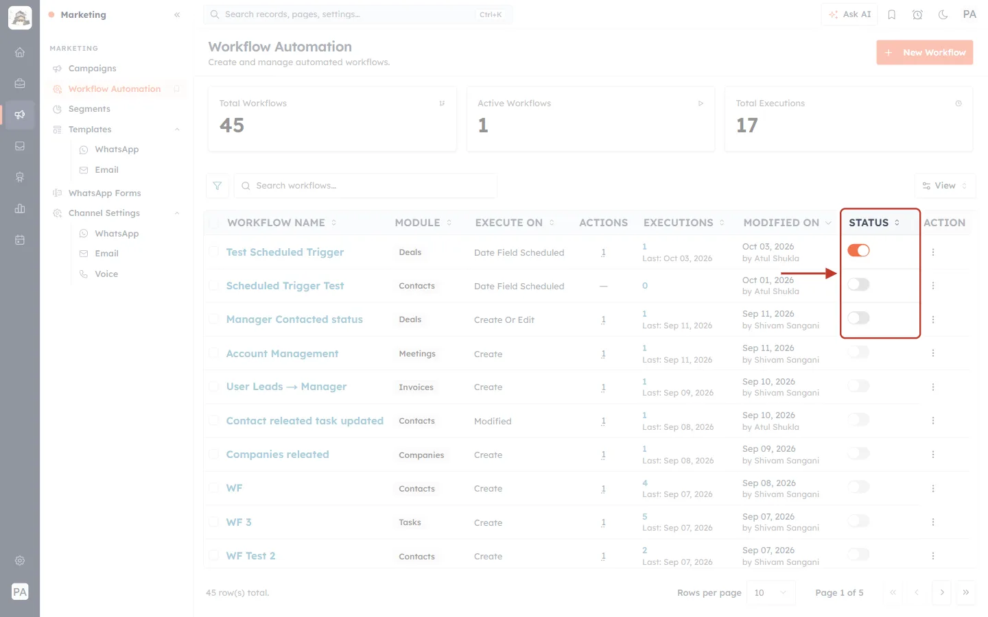 The Status switches in the workflow list