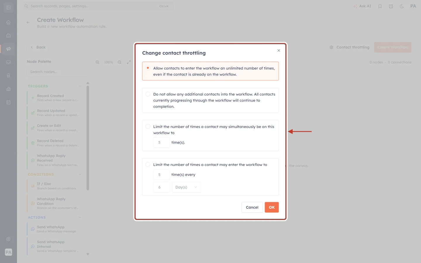 The Change contact throttling dialog