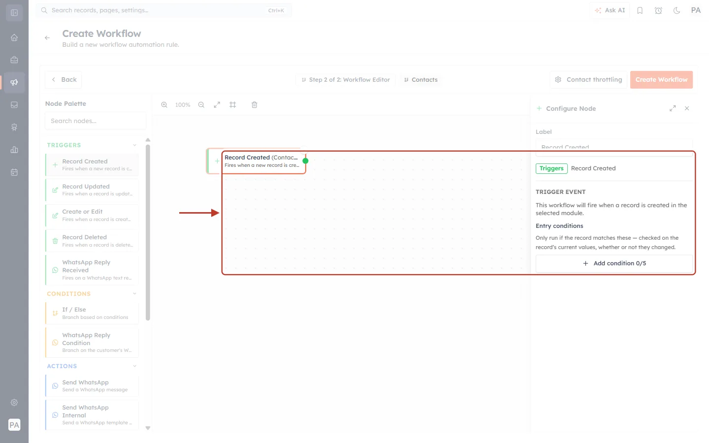 The Record Created node on the canvas with its Configure Node panel