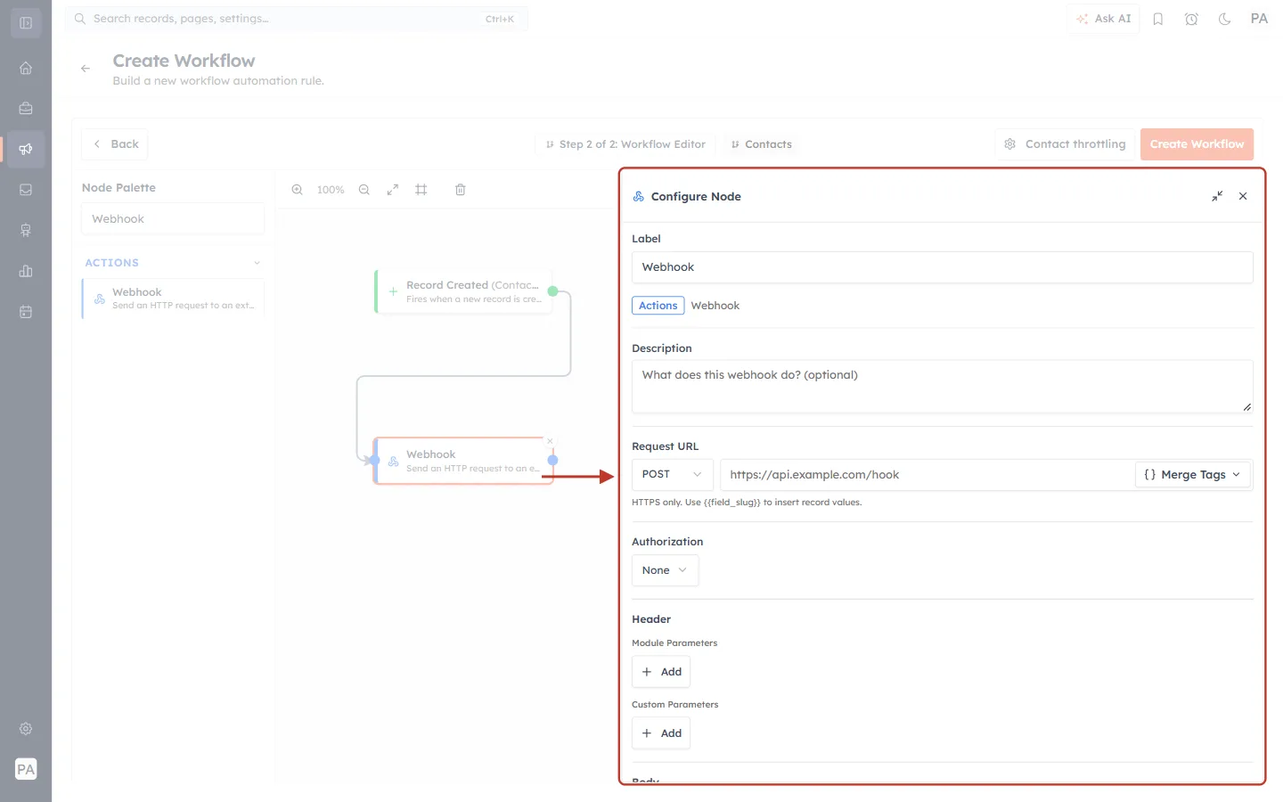 The Webhook Configure Node panel
