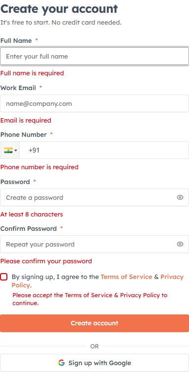 The sign-up form showing its required-field messages after an empty submit