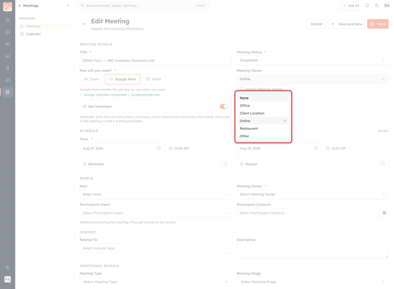 The meeting form with the Meeting Venue dropdown open and highlighted