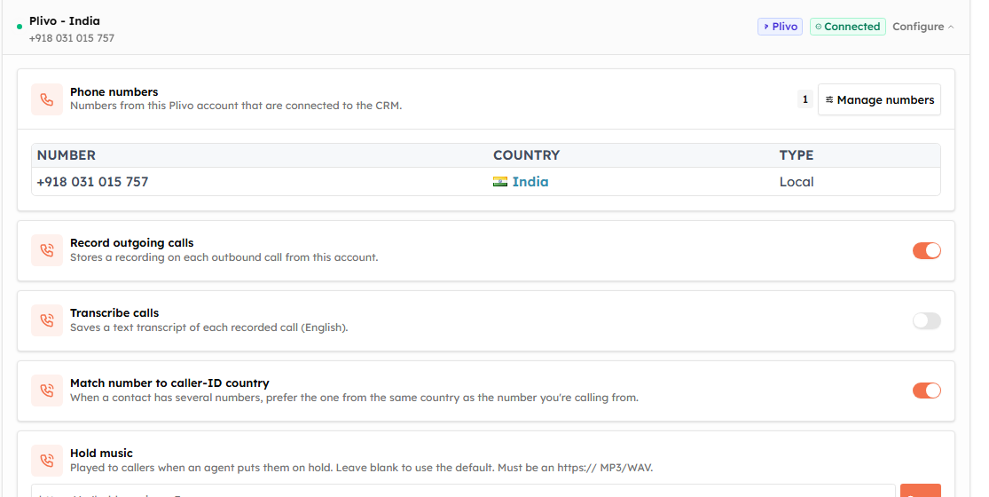 An expanded account: connected numbers, Manage numbers, and per-account settings