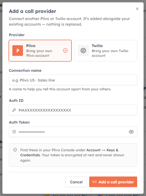 The Add a call provider form with Plivo selected