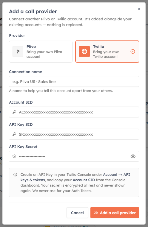 The Add a call provider form with Twilio selected