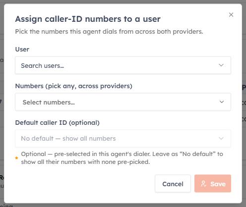 Assigning caller-ID numbers and a default to an agent