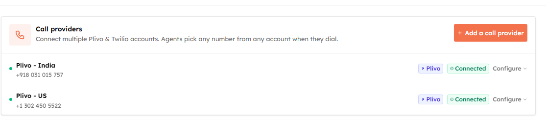 Connected call providers on the Voice Settings page