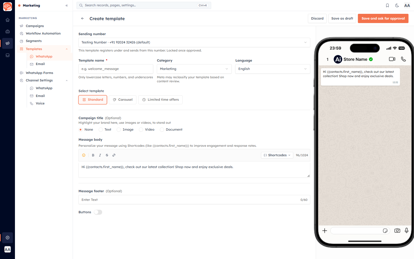 Create Template form showing name, category, language, and type fields with a live preview on the right